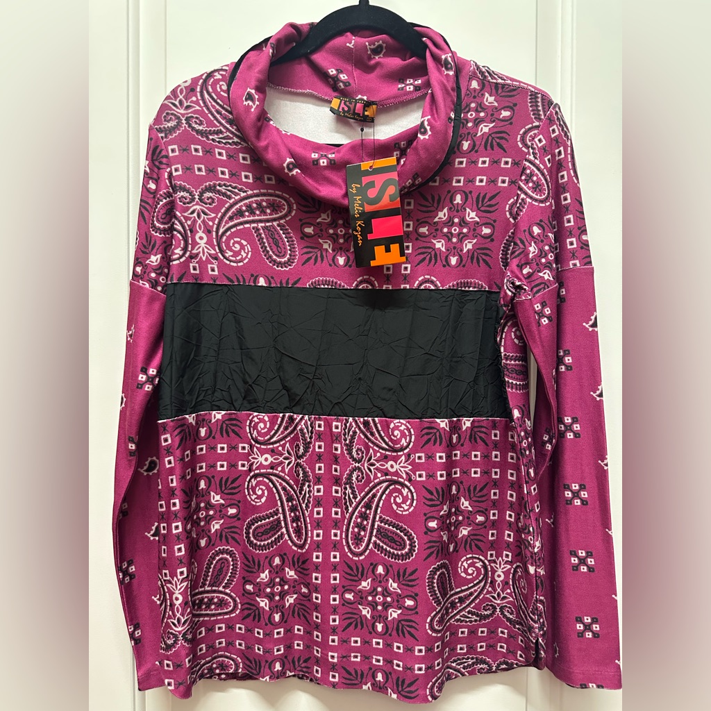 Isle By Melis Kozan Pink Black Long Sleeve Blouse With Paisley Print Nwt Small